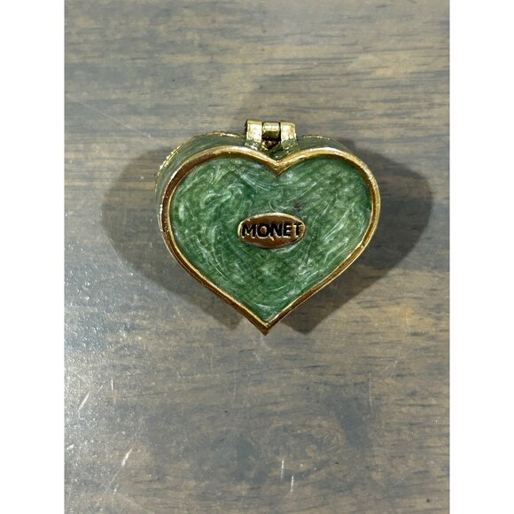 Vintage Monet Metal Enamel Heart Trinket Box Blue Green Flower Rhinestones - Picture 2 of 6